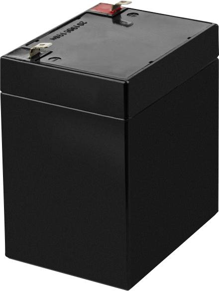 Une batterie noire rectangulaire avec deux bornes en haut, sur un fond blanc.