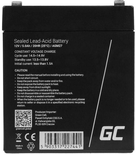 Batterie au plomb scellée noire de 12V/5,0Ah. Contient des consignes de sécurité et de charge : tension 14,5-14,9V, utilisation à 25°C.