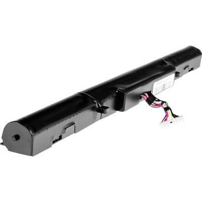 Batterie d'ordinateur portable noire avec des câbles colorés qui en dépassent sur le côté.