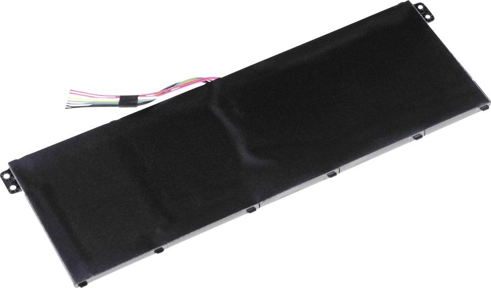 Batterie rectangulaire noire pour ordinateur portable avec des câbles de connexion colorés sur le dessus.