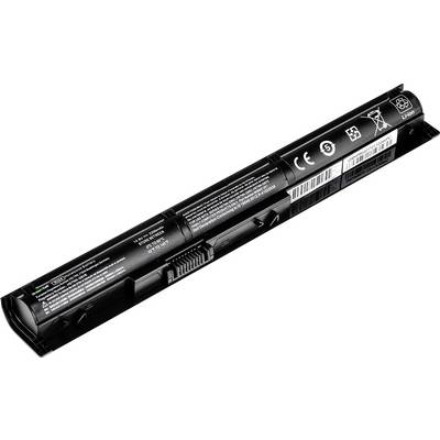 Un accu de portable noir avec des spécifications techniques et des symboles sur sa surface, incluant le marquage CE et le symbole de recyclage.