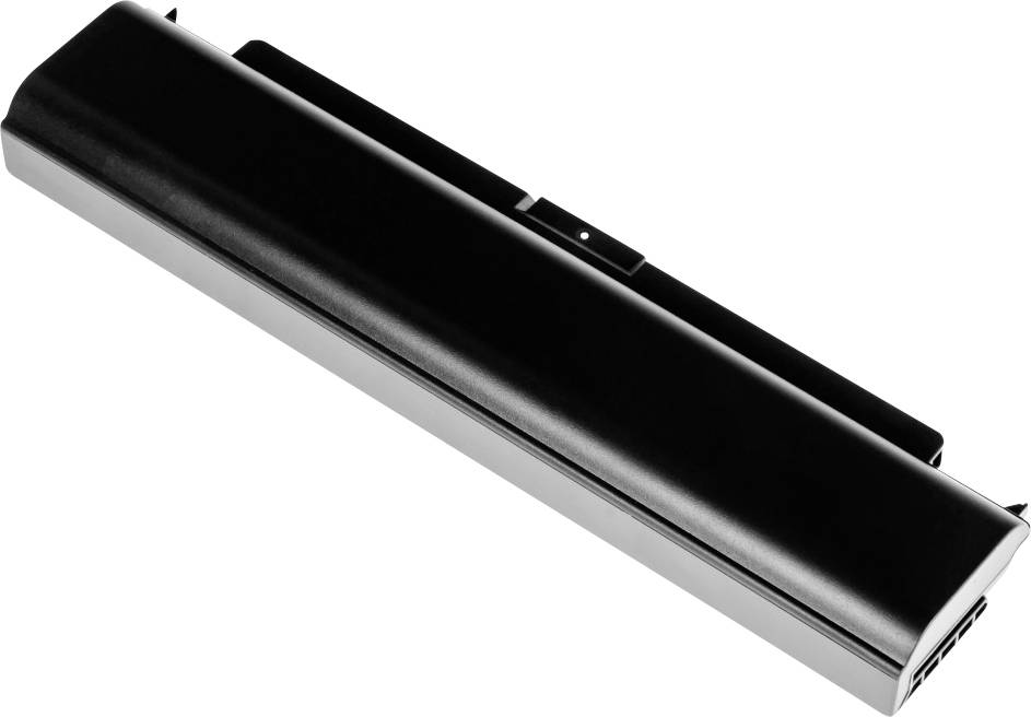 Une batterie d'ordinateur portable noir et blanc, de forme cylindrique, avec une surface lisse et des connexions sur les côtés.