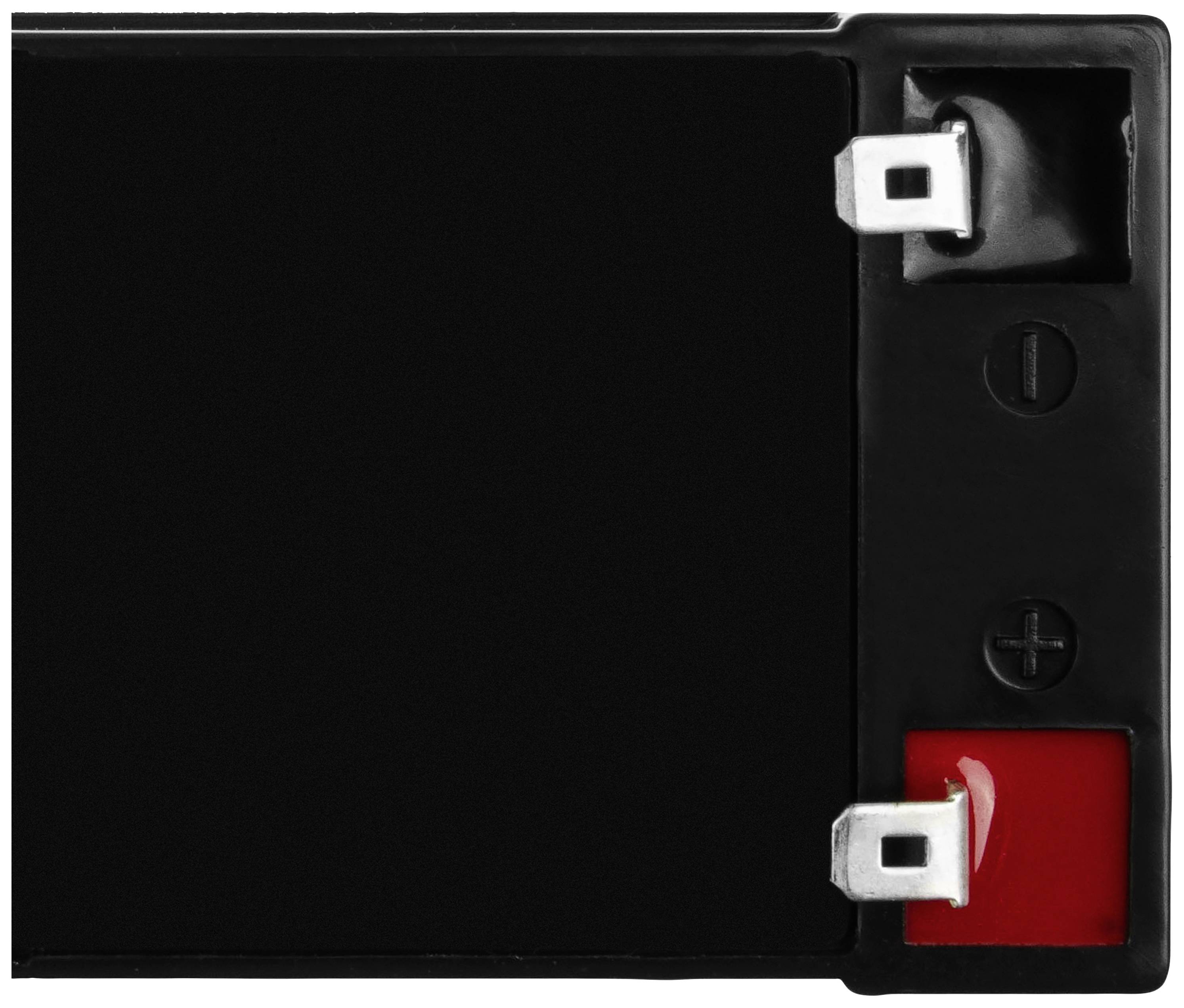 Batterie noire avec deux bornes en haut à droite ; zone de connexion rouge et noire en dessous.
