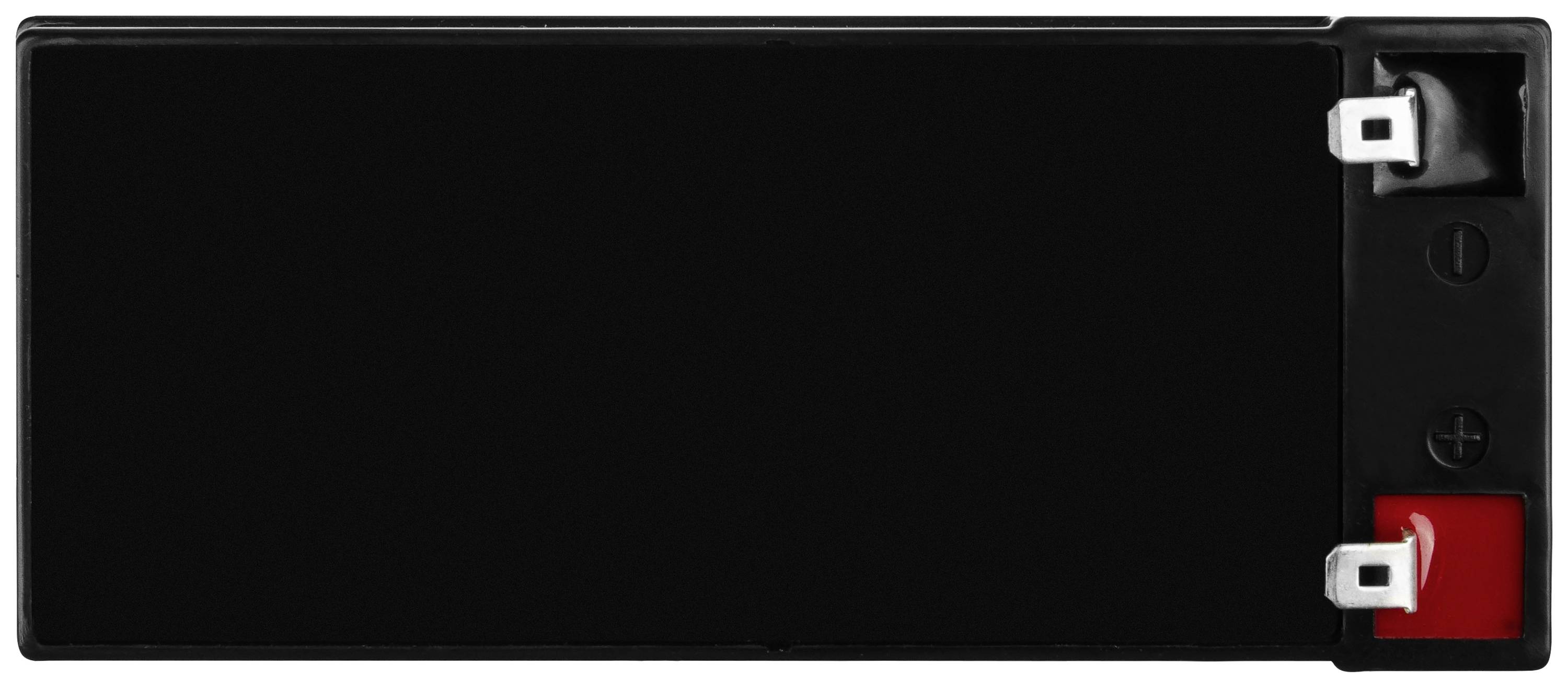 Une batterie noire rectangulaire avec des bornes sur le dessus, une borne rouge à droite d'une borne noire.
