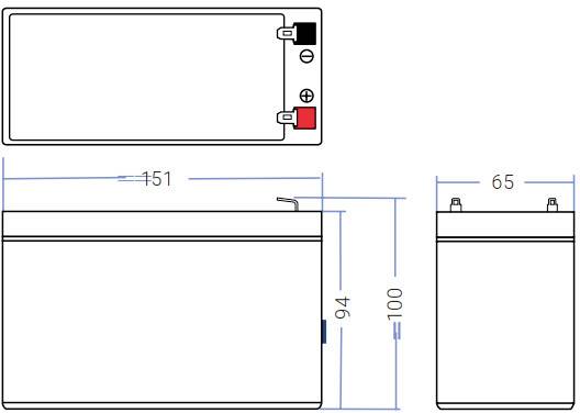 Illustration d'une batterie avec les dimensions suivantes : longueur 151 mm, hauteur 94 mm, largeur 65 mm. Les bornes positive et négative se trouvent en haut.