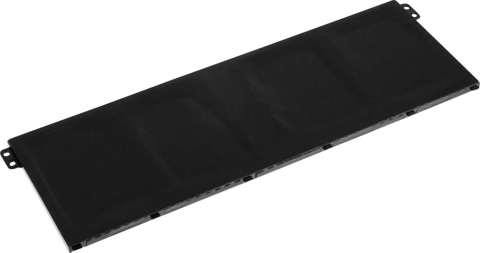 Un chargeur de batterie rectangulaire noir est posé à plat sur une surface claire.