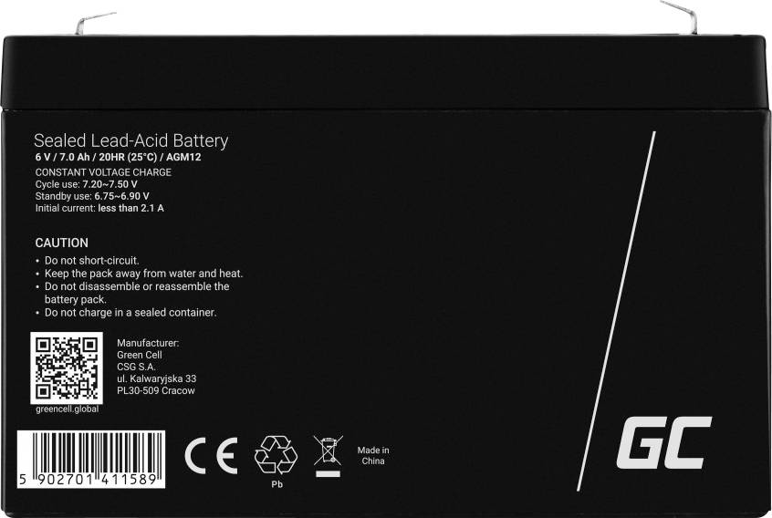 La figure montre une batterie au plomb scellée avec une tension de 6V et une capacité de 7,0 Ah. Des indications sur son utilisation sécurisée sont fournies.