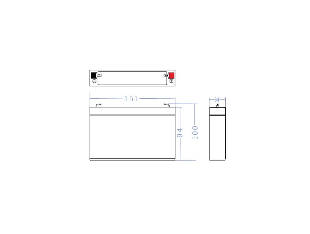 Dessin technique d'une batterie rectangulaire avec les dimensions suivantes : largeur 151 mm, hauteur 94 mm, profondeur 34 mm. En haut : pôles positif et négatif.