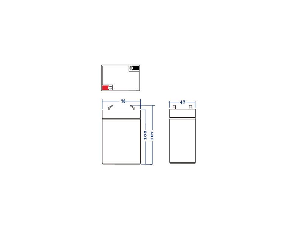 Dessin d'un récipient rectangulaire avec cotes : 70 mm de largeur, 107 mm de hauteur et 47 mm de profondeur.