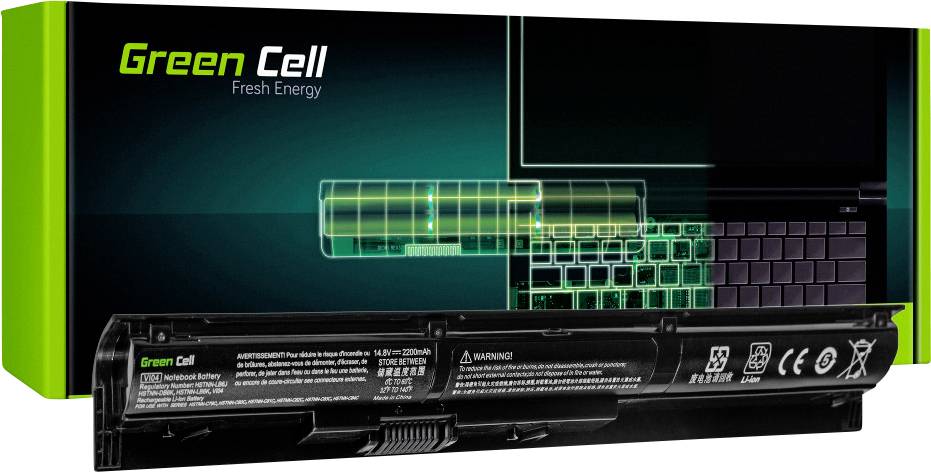 Boîte et ordinateur portable en arrière-plan avec l'inscription « Green Cell Fresh Energy » présentant une batterie de rechange pour ordinateurs portables.