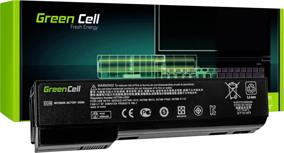 Batterie Green Cell pour ordinateur portable avec emballage. Les impressions avertissent des risques d'utilisation incorrecte ; symboles d'assurance qualité.