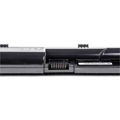 Batterie d'ordinateur portable avec connecteur et étiquette de numéro de série. Le dispositif montre l'interface électrique et les données d'identification importantes.