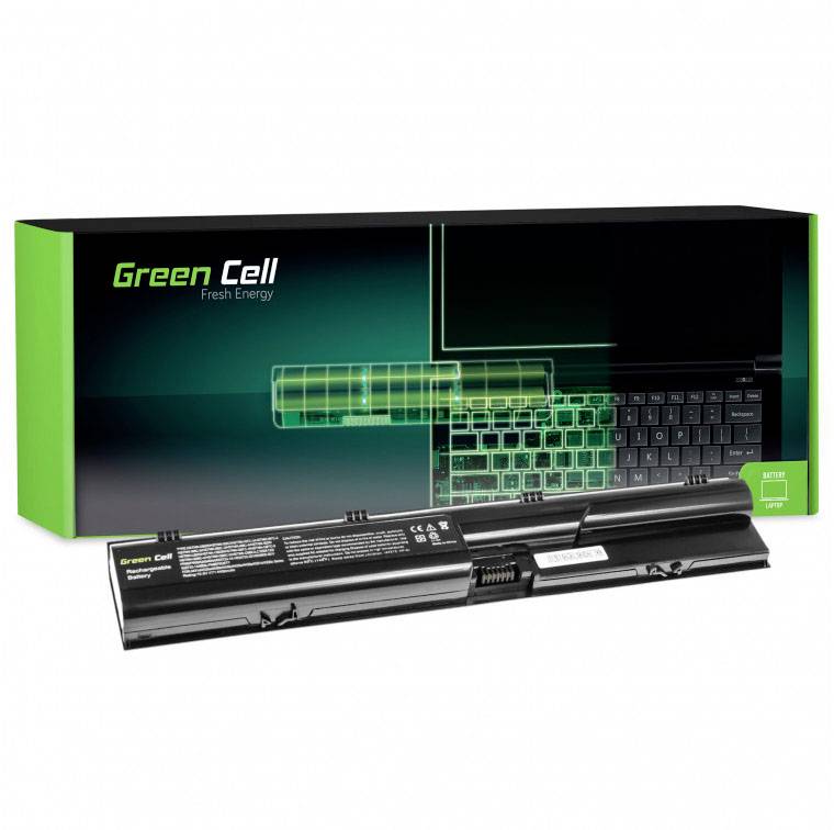 Batterie d'ordinateur portable de la marque 'Green Cell' devant son emballage, qui présente une image stylisée d'un ordinateur portable.