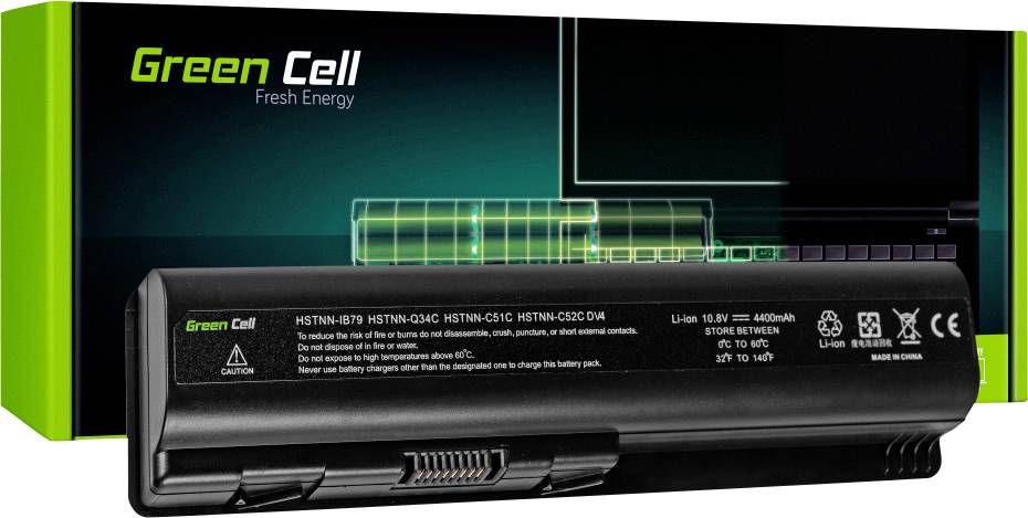 Batterie d'ordinateur portable Green Cell portant l'inscription 'Fresh Energy' ; capacité de 4400mAh, tension de 10,8V. Emballage en arrière-plan.