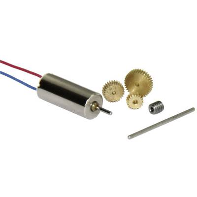 Un petit moteur électrique avec deux câbles, entouré de quatre roues dentées de différentes tailles et d'une tige métallique, sur un fond blanc.
