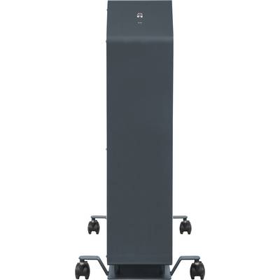 Un purificateur d'air vertical monté sur roulettes, de couleur sombre, est posé sur un sol.