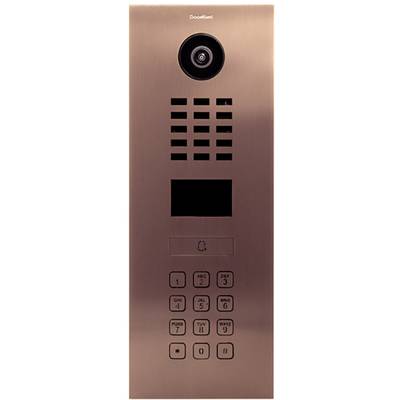 'Interphone vidéo en bronze, caméra en haut, haut-parleur au milieu, pavé tactile en bas, nom de marque en haut.'