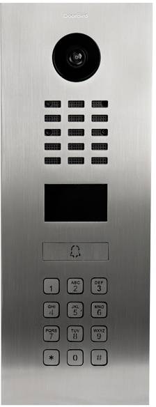 'Interphone moderne en acier inoxydable avec caméra, haut-parleur, écran et clavier. Adapté aux zones d'entrée.'