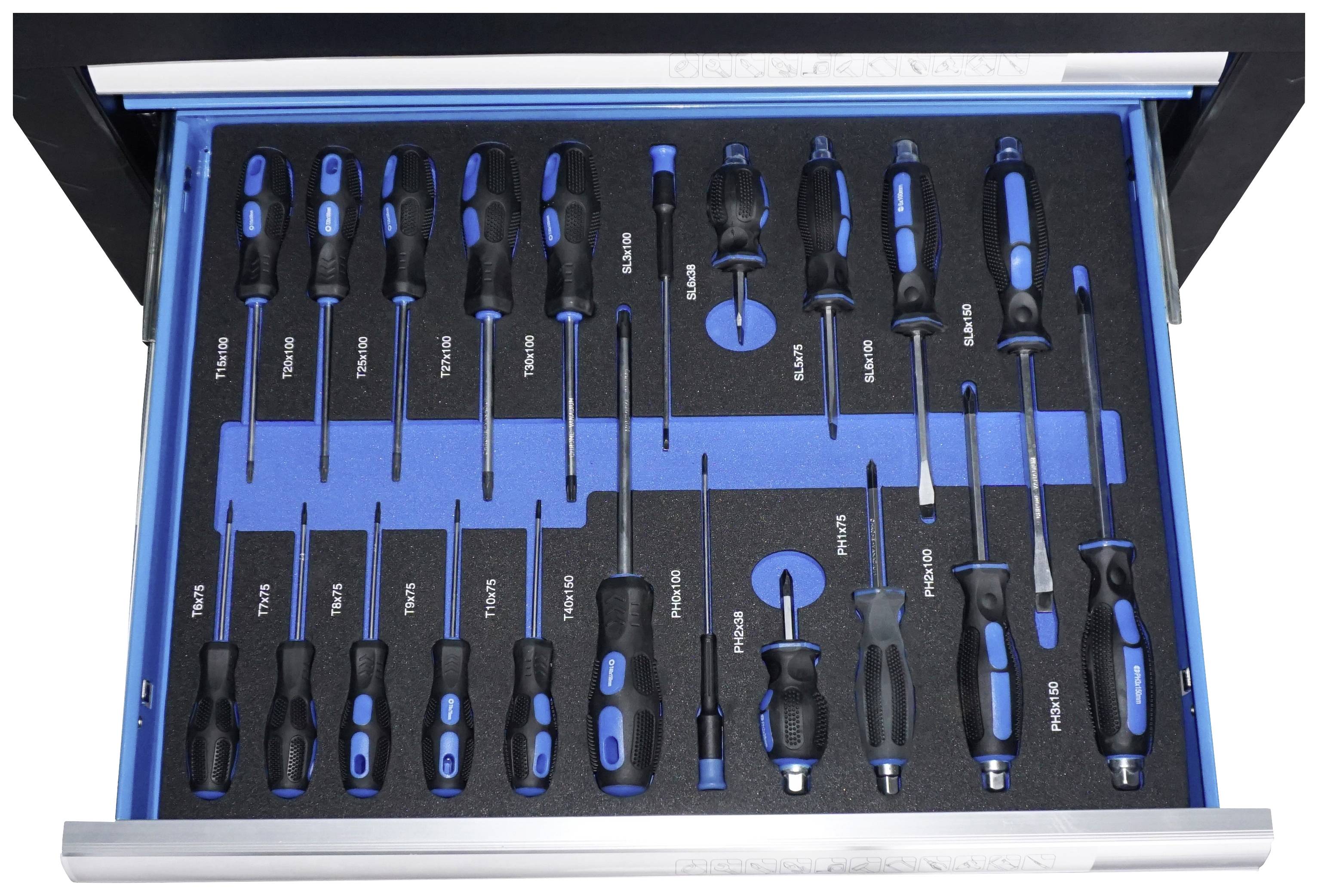 Un tiroir avec différents tournevis rangés dans des compartiments individuels, chacun étiqueté.