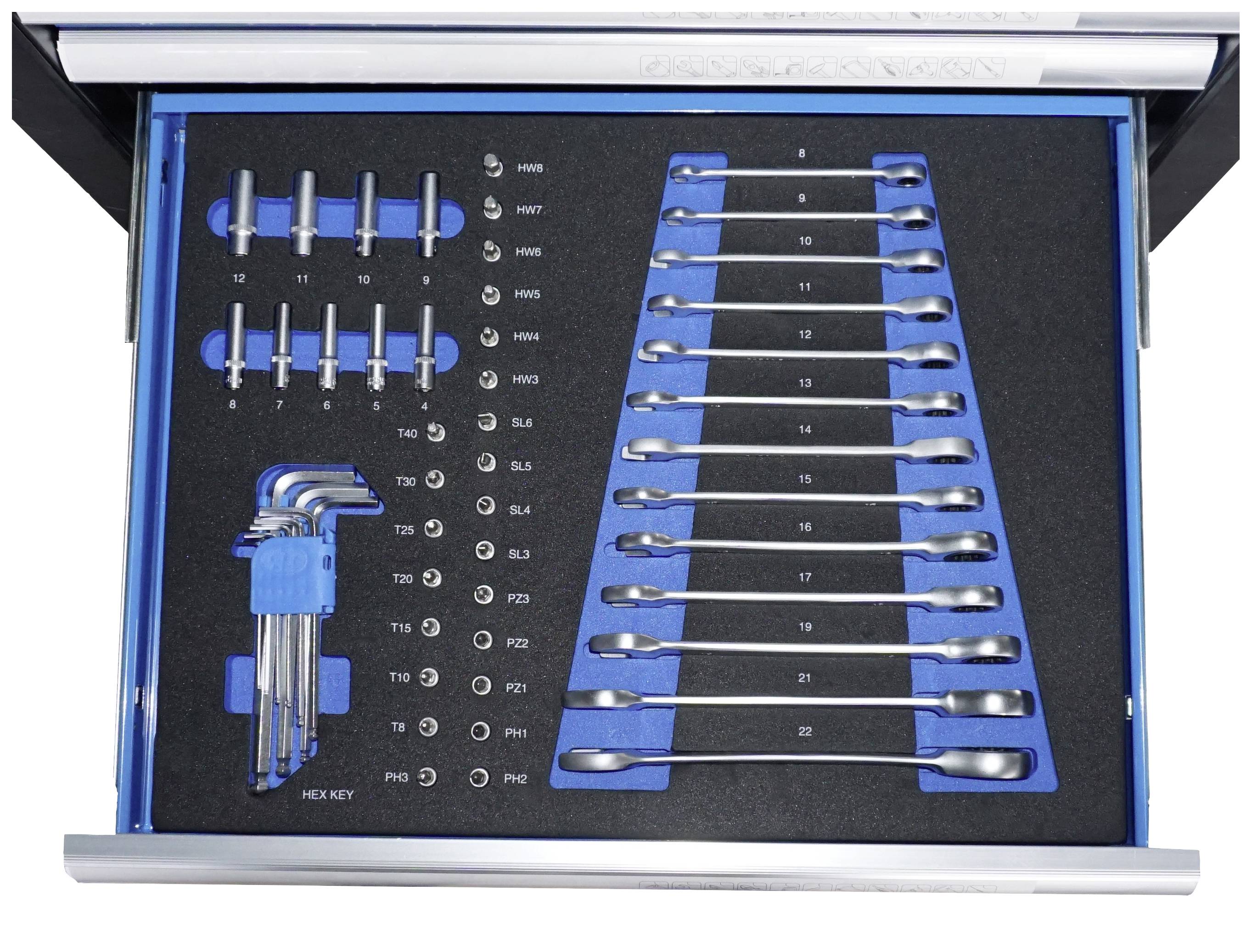 Tiroir à outils avec clés à molette, manivelles et clés hexagonales sur un fond de mousse, numéroté pour une organisation facile.