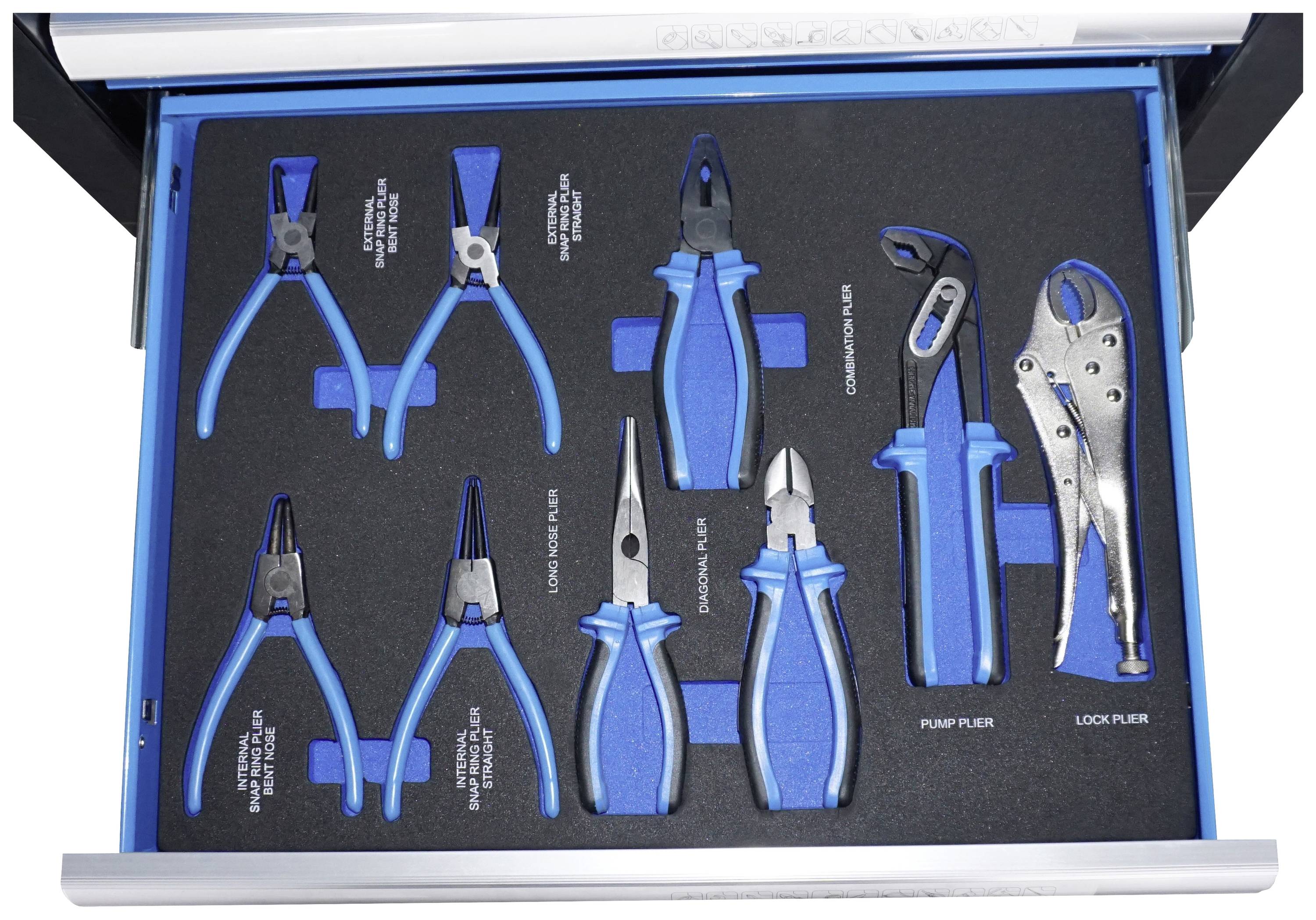 Un tiroir contenant divers outils, dont des pinces, des pinces multiprises, des pinces coupantes, une pince multiprise et une pince de serrage.