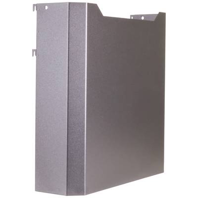 Revêtement métallique en gris foncé. Forme rectangulaire avec pattes de fixation saillantes en haut. Adapté pour les applications de façade.