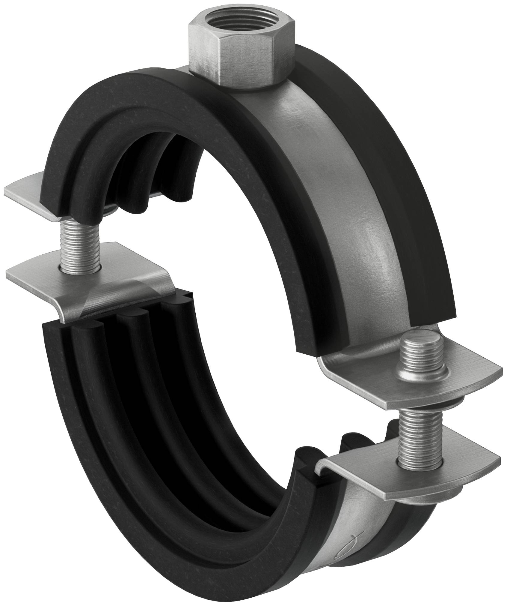 Collier de tuyau en caoutchouc noir avec supports métalliques et boulons, montré ouvert pour maintenir un tuyau ou un conduit.