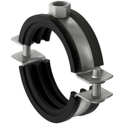 Collier de tuyau en métal doublé de caoutchouc noir avec deux supports boulonnés, présenté isolé sur un fond blanc.