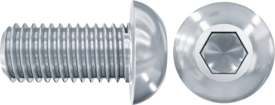 Une vis à tête cylindrique hexagonale creuse en argent, présentée une fois de côté et une fois vue de dessus.