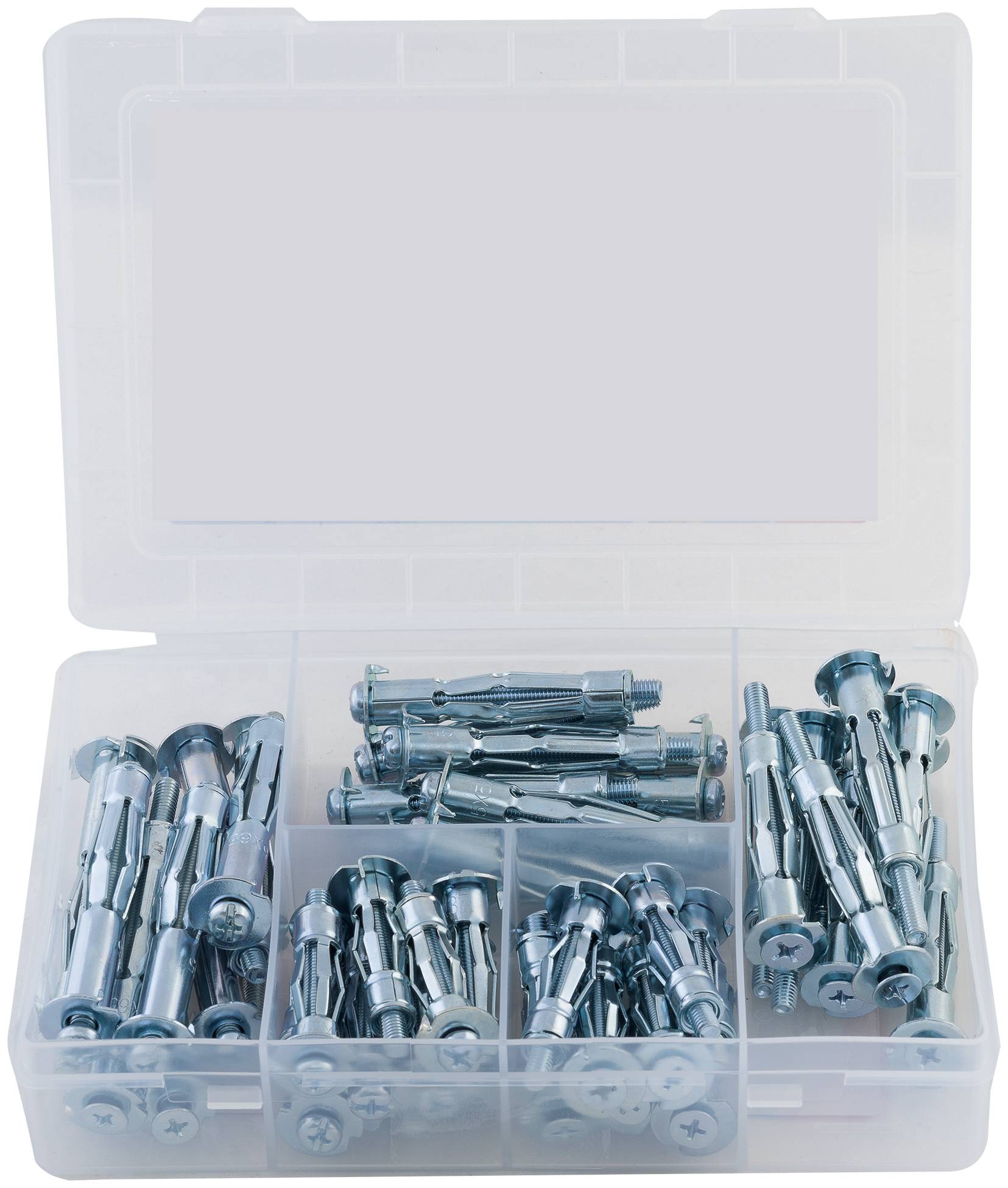 Boîte en plastique contenant différents chevilles pour matériaux creux et vis. L'étiquette indique les tailles, les types ; marque 'fischer'. Image d'un manuel de montage.