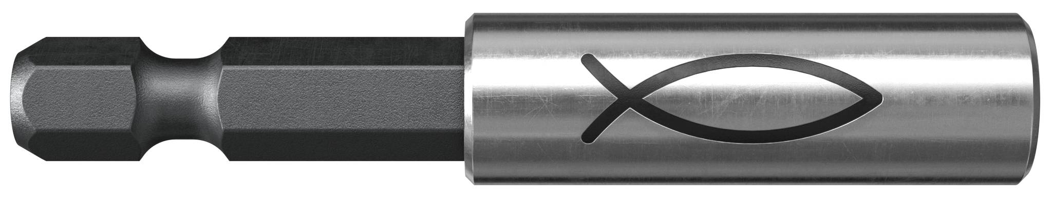 Embout de tournevis en métal avec un symbole de poisson gravé sur un manche argenté, présenté sur un fond blanc.