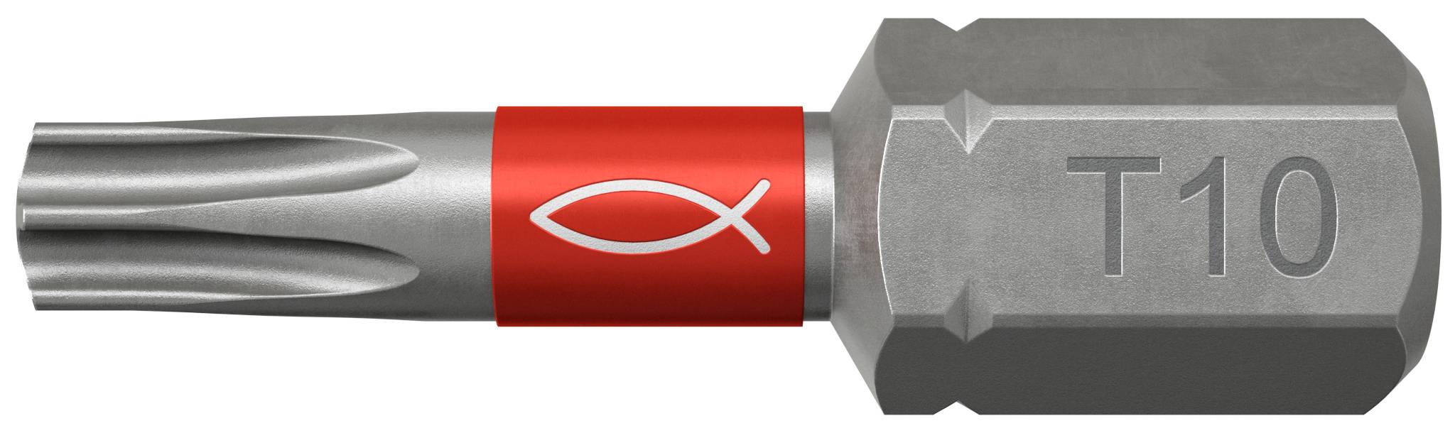 Gros plan d'un embout de tournevis T10 avec une pointe en étoile de style Torx et une bande centrale rouge, présenté sur un fond blanc.