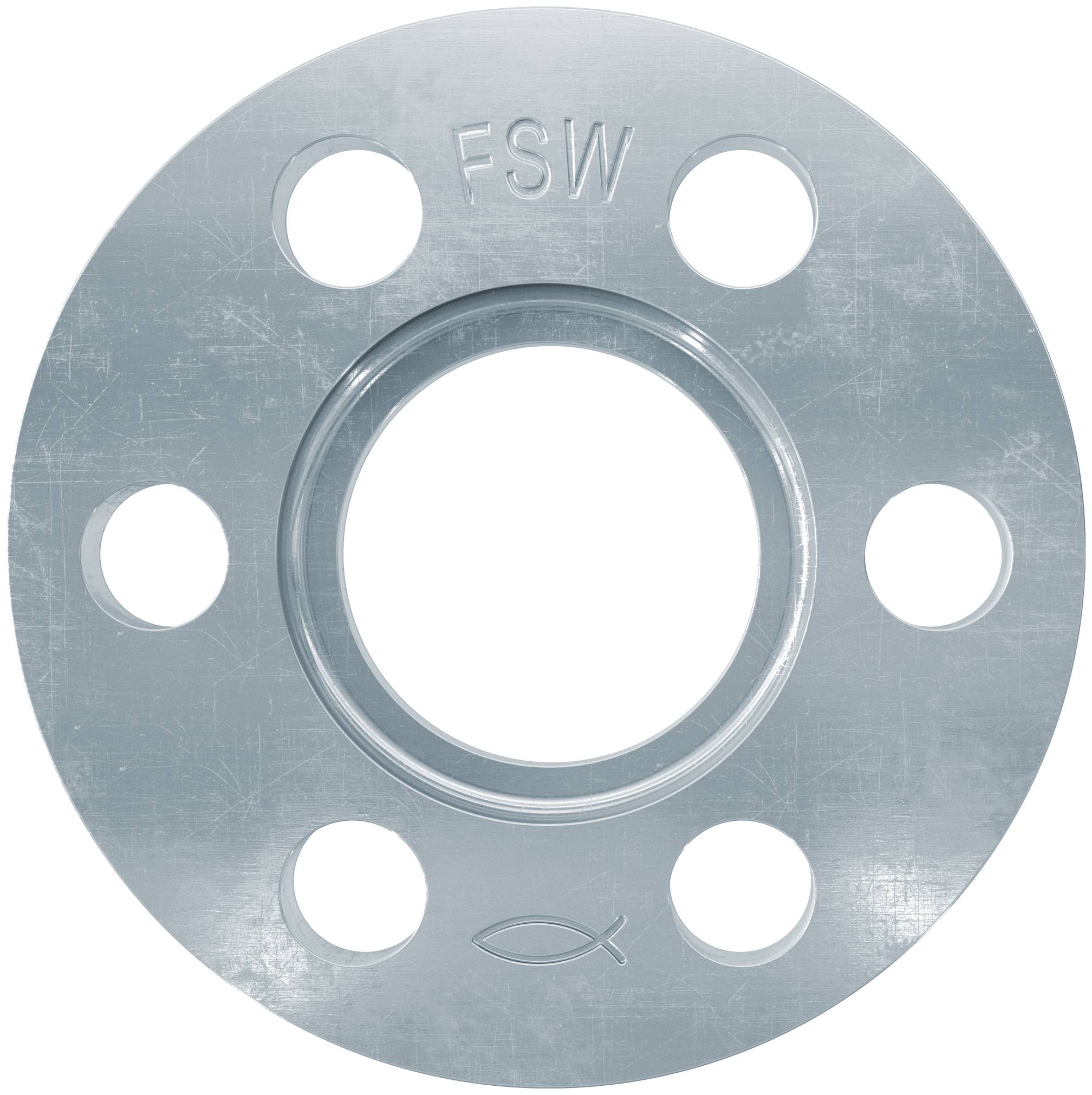 Bride métallique en argent avec six trous de boulons et une ouverture centrale, marquée « FSW » et un petit symbole de poisson
