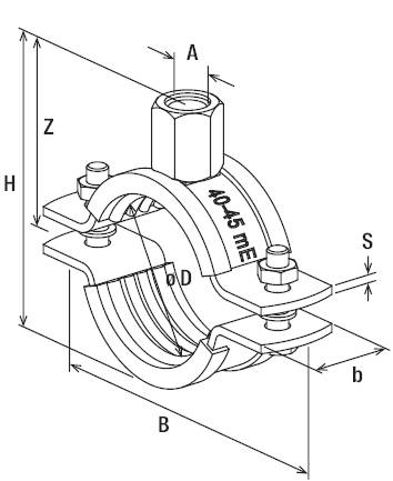 Schéma d'un collier de serrage avec des vis. Légendes : '40-45 mE', dimensions A, B, D, H, S, Z et b représentées.