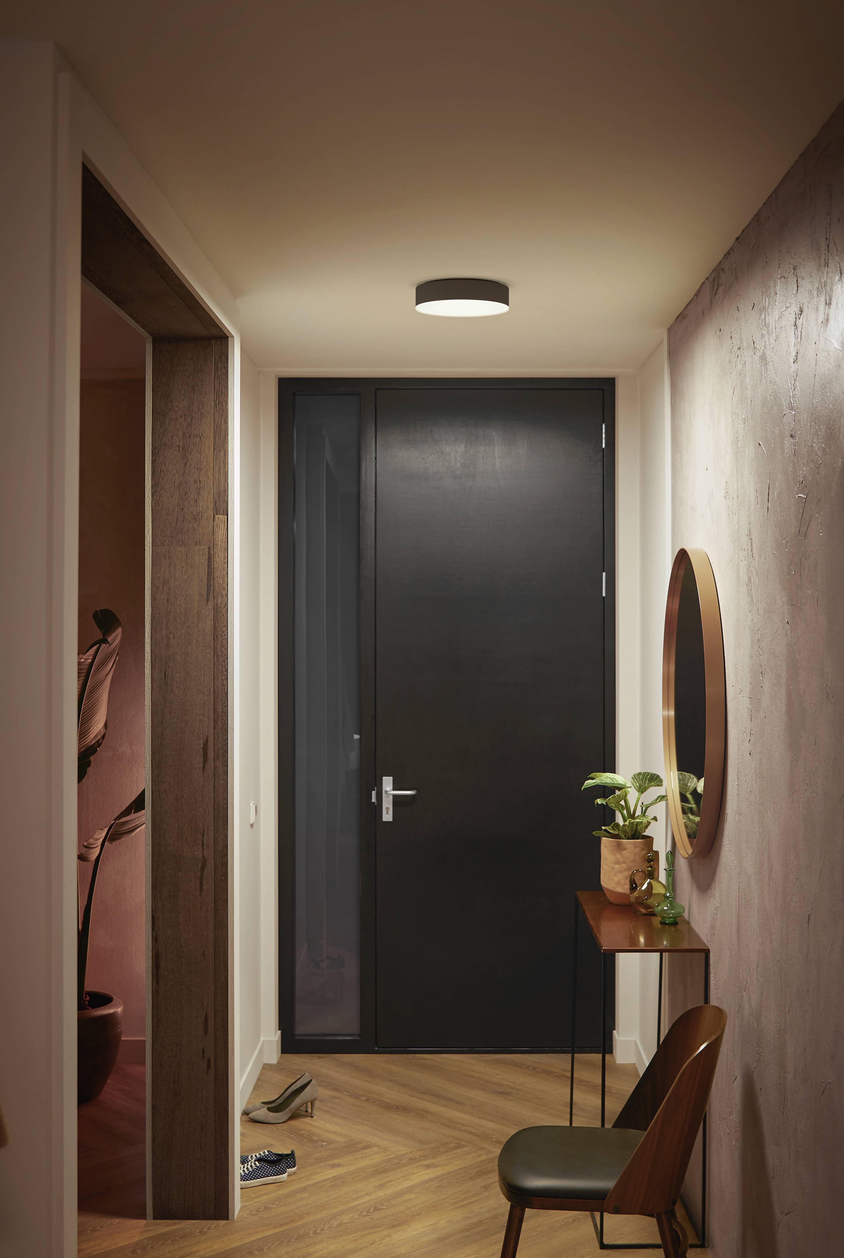 Un couloir étroit avec un sol en bois, un miroir rond accroché au mur, une petite table avec une plante et un encadrement de porte noir.