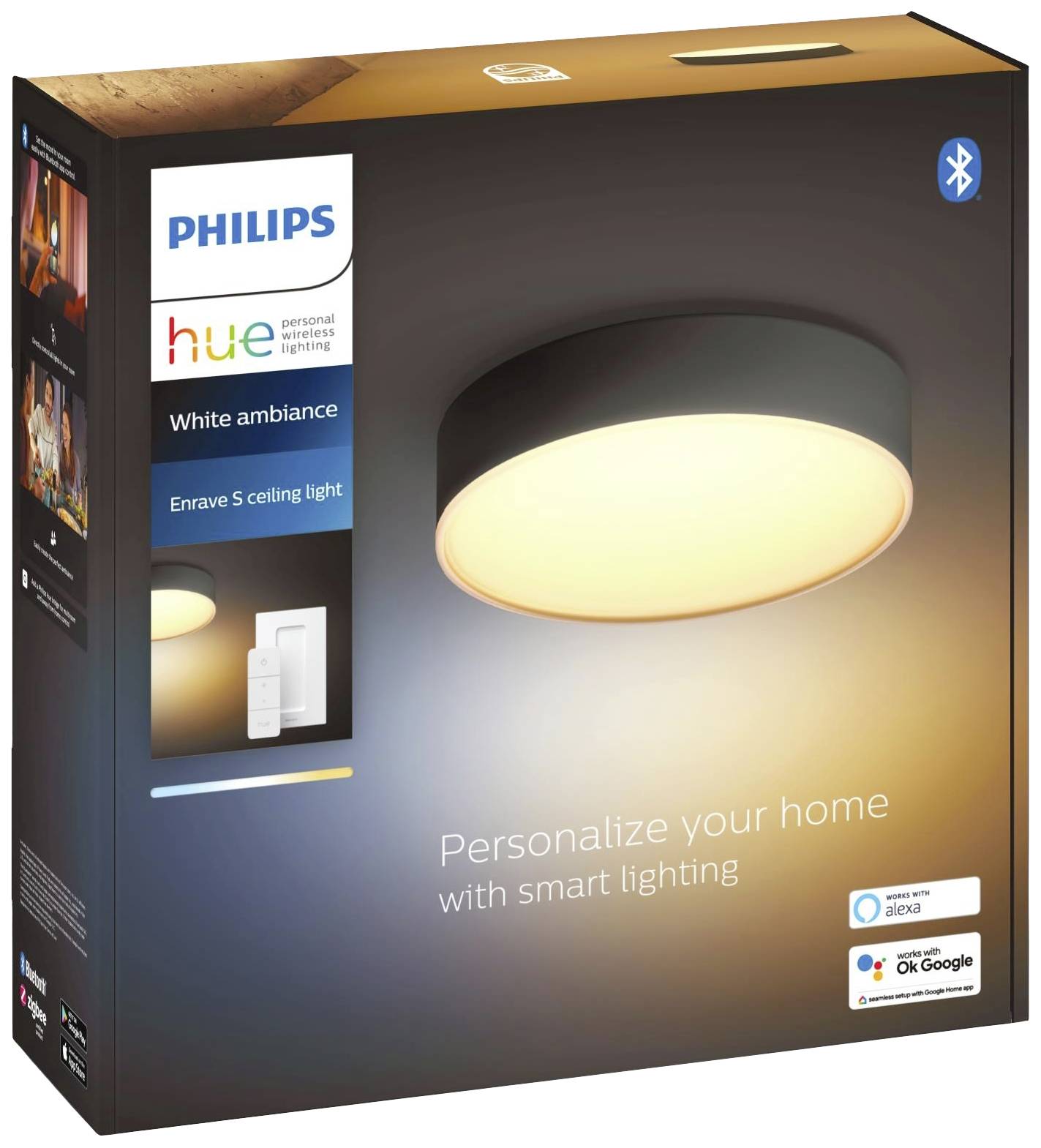 Plafonnier LED Philips Hue, rond, pilotable intelligemment, emballé dans un coffret noir avec détails du produit et exemple d'éclairage.