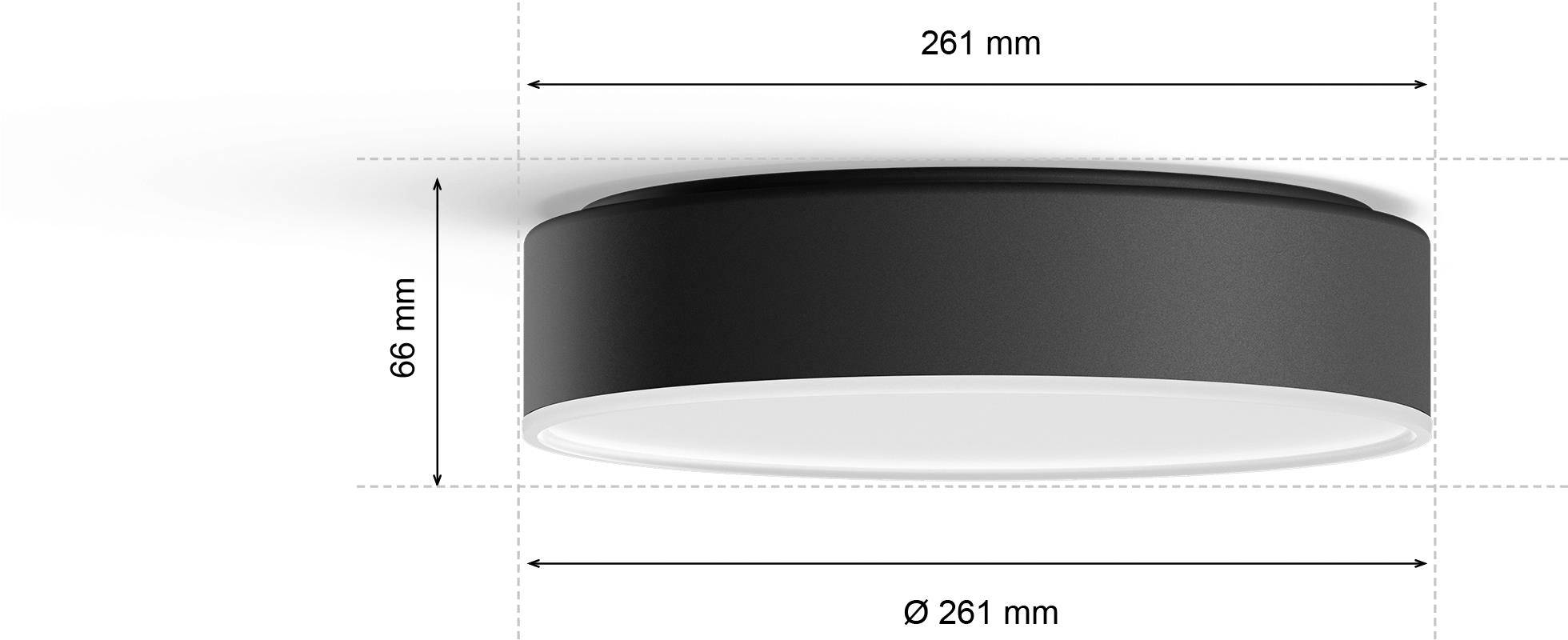 Plafonnier au design circulaire, noir, diamètre de 261 mm, hauteur de 66 mm, adapté pour une installation au plafond dans différentes pièces.