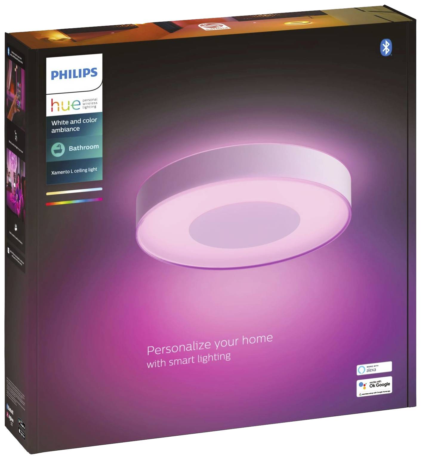 Emballage d'une lampe Philips Hue avec Bluetooth. Montre une lampe de plafond ronde qui brille en rose. Texte : 'Personnalisez votre intérieur avec un éclairage intelligent'.