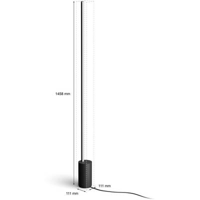 Lampadaire d'une hauteur de 1458 mm et d'un diamètre de 111 mm. La base est circulaire et noire avec un câble électrique.