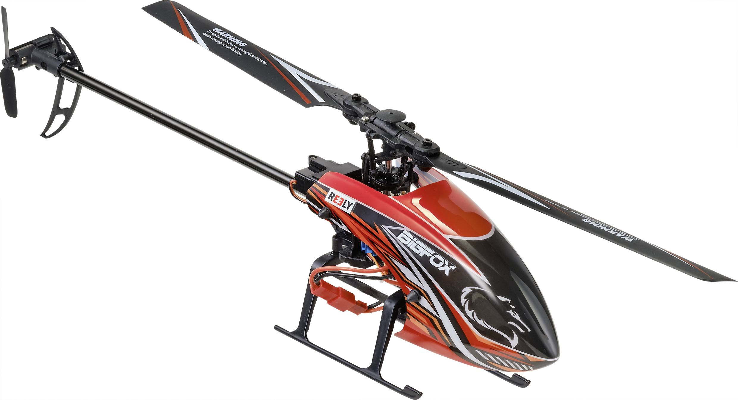 Hélicoptère jouet en rouge et noir avec un motif sur le fuselage et deux pales de rotor.