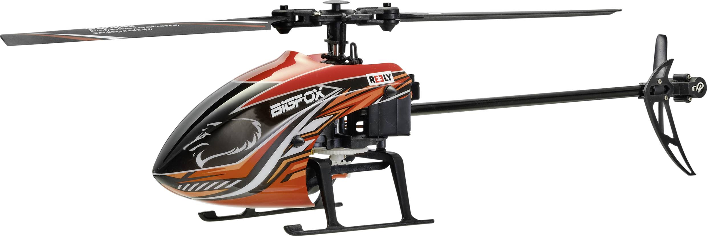 Un hélicoptère télécommandé de modélisme à peinture orange et noire, marqué 'Big Fox', sur fond blanc.