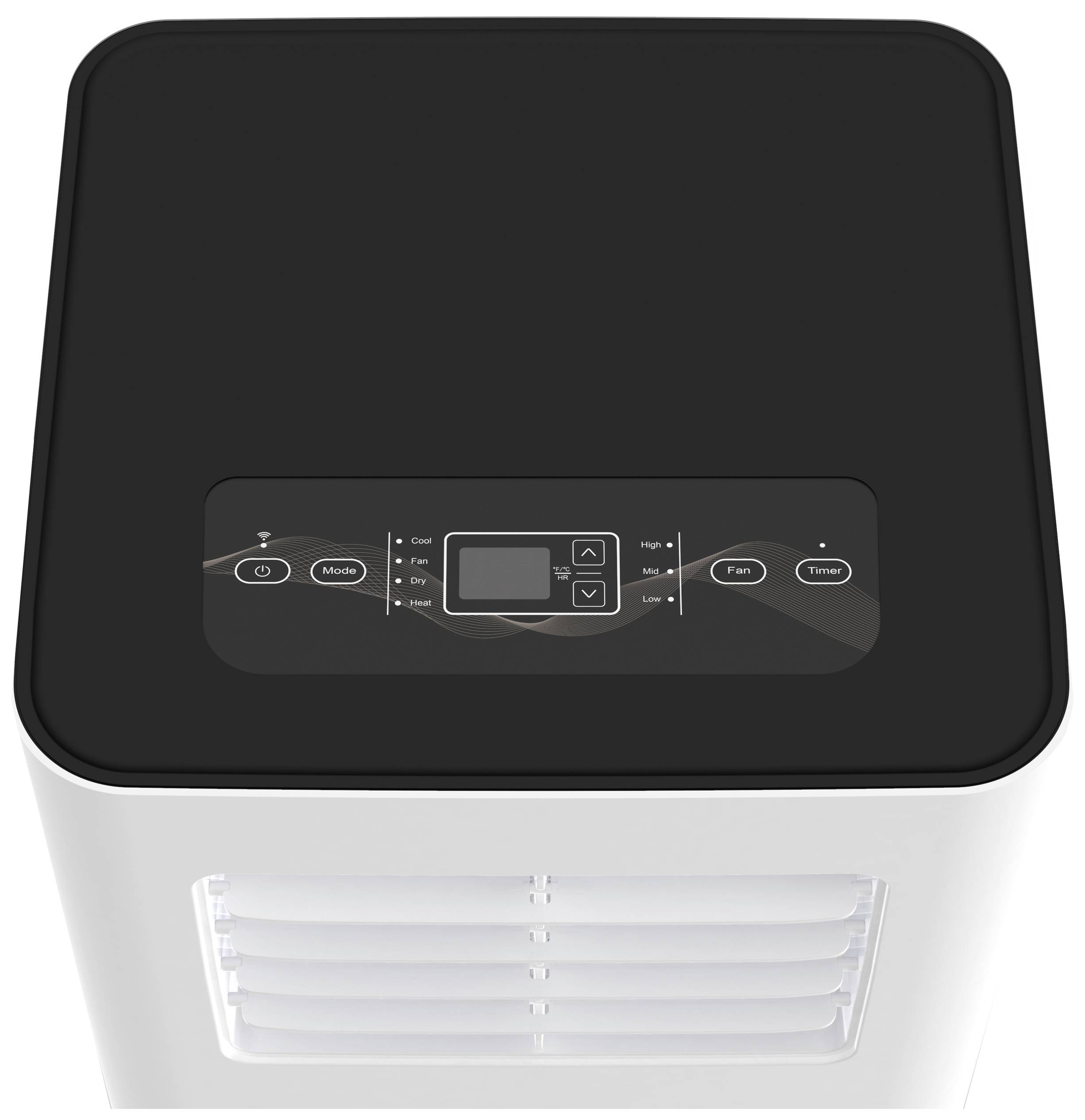 Un purificateur d'air blanc avec un dessus noir. Sur la partie supérieure se trouve un panneau de commande avec plusieurs touches et un écran.