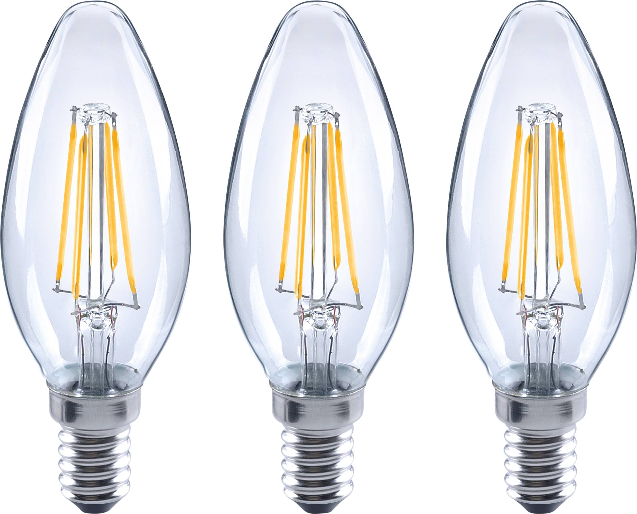 Trois ampoules LED de forme bougie avec filaments apparents, disposées symétriquement sur un fond blanc.