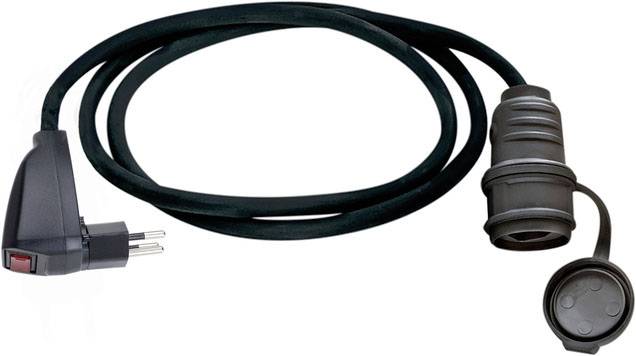 Rallonge électrique noire avec une fiche sur une extrémité et une prise fermée sur l'autre, adaptée à une utilisation intérieure.