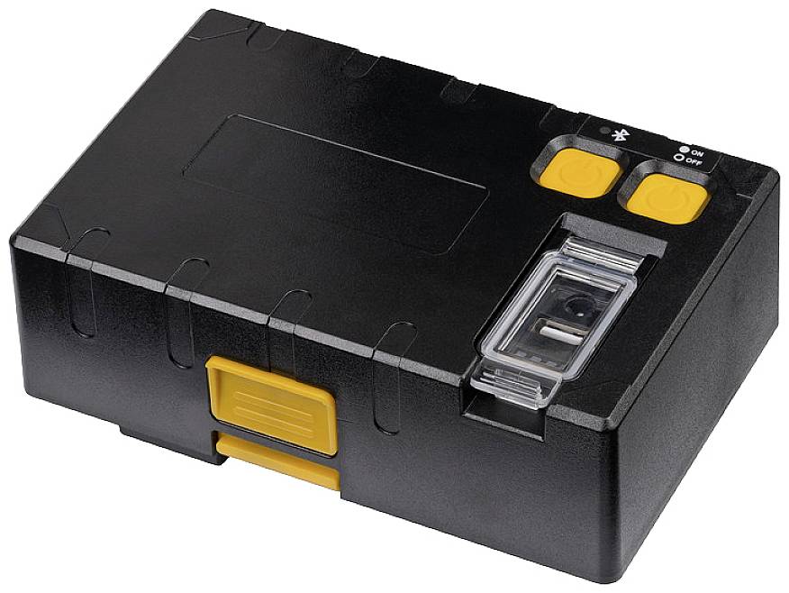 Appareil noir, rectangulaire, avec des boutons jaunes et une section transparente. Probablement un module électronique ou technique.