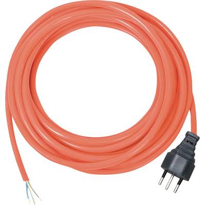 Un câble électrique orange avec une extrémité dénudée et une fiche tripolaire.