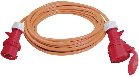 Un long câble de rallonge orange avec des fiches industrielles rouges aux deux extrémités. Adapté pour les connexions électriques sur les chantiers de construction.