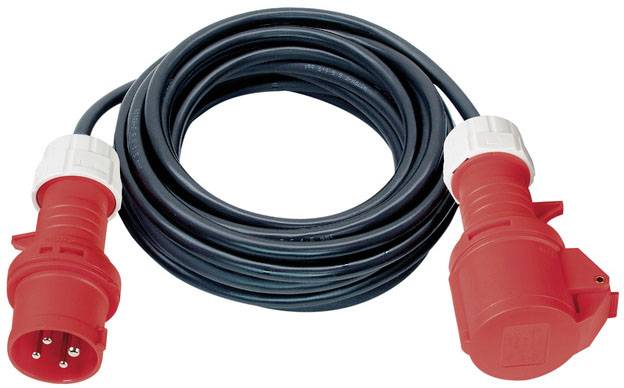 Rallonge électrique rouge avec fiches industrielles, adaptée pour des charges électriques élevées.