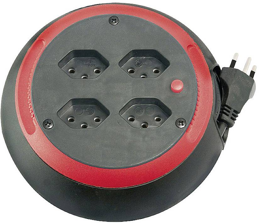 Barrette multiprise noire ronde avec quatre prises et un bord rouge. Un câble d'alimentation est visible à droite.