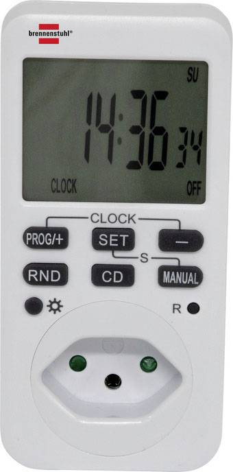 Horloge numérique avec affichage LCD ; affiche l'heure '14:36:34'. Touches pour programmation, fonction aléatoire et commande manuelle.
